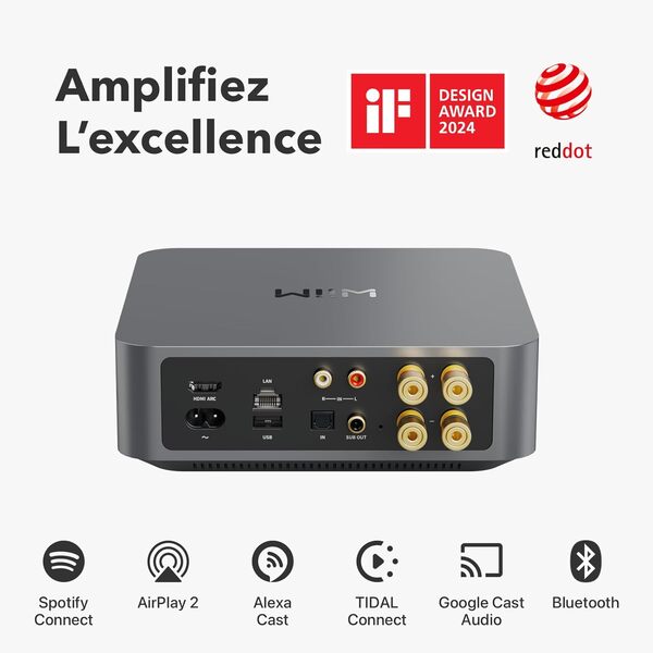 WiiM Amp : Amplificateur de Streaming Multiroom | Compatible avec AirPlay, Google Cast, Alexa | HDMI, Contrôle Vocal | Diffusez Depuis Spotify, Amazon Music, Tidal et Plus | Gris Spatial