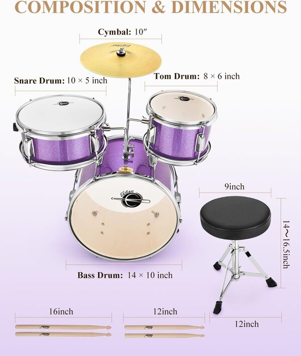 Eastar Drum Set 14 pouces pour débutants, kit de batterie junior 3 pièces avec caisse claire Tom basse, trône réglable, cymbale, pédale et deux paires de baguettes (violet métallique)