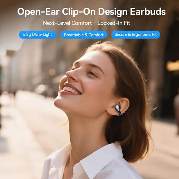 NANK Écouteurs ultra à clipser, sans fil Bluetooth 5.4, casque à clipser à oreilles ouvertes, confort adaptatif et ajustement sûr, appels antibruit AI, 24 heures d'autonomie, étanchéité IPX5 pour le