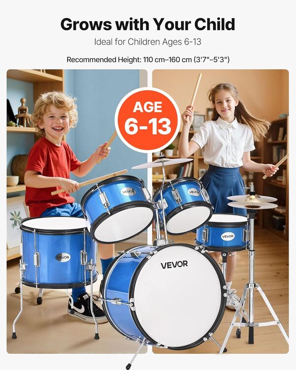 VEVOR Batterie Enfant, 5 PCS, Batterie Débutants, Grosse Caisse 45 cm avec Tom-Tom, Caisse Claire 25,4 cm Tom Basse 36 cm, avec Siège, Baguettes, Kit Apprentissage Musical pour Enfants 6-13 Ans, Bleu
