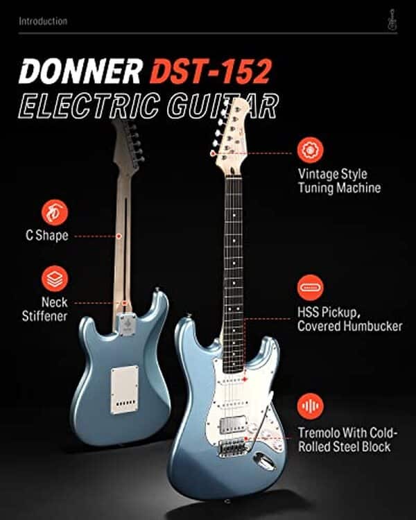 Découvrez le test complet de la guitare électrique Donner DST-152R : un pack tout-en-un en Metallic Ice Blue pour guitaristes débutants et confirmés.