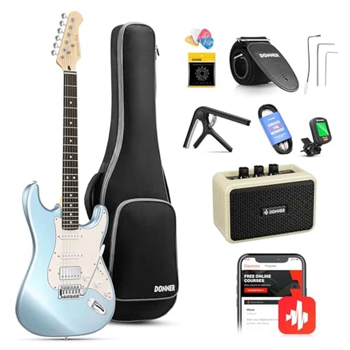 Test guitare électrique Donner DST-152R : pack complet Metallic Ice Blue