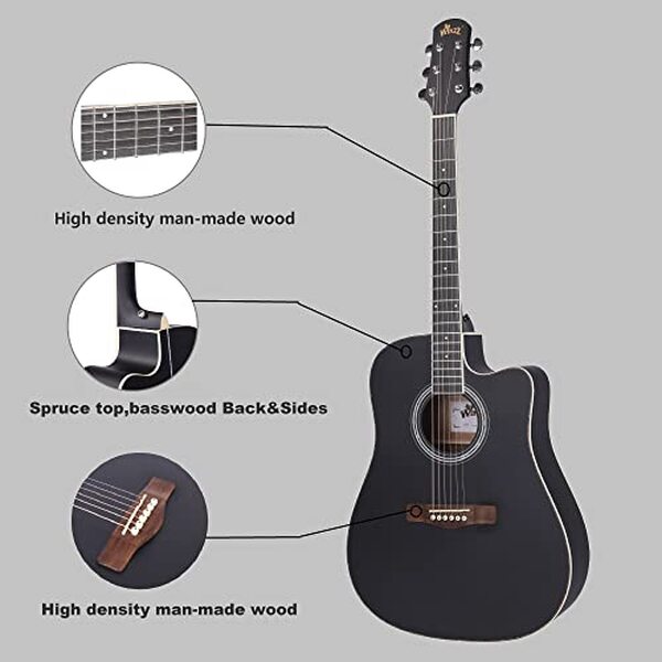Découvrez notre test complet de la guitare acoustique Winzz 41 pouces noir cutaway : caractéristiques, son, qualité de fabrication et verdict final pour débutants et musiciens. 